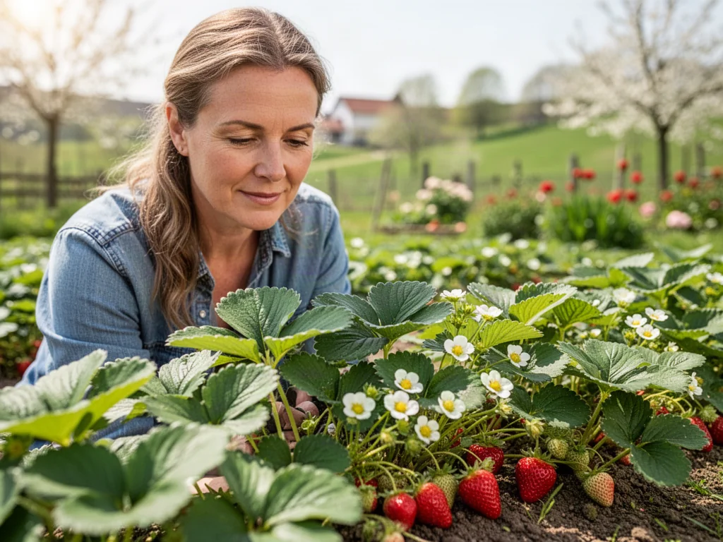 Kobieta pielęgnująca truskawki na słonecznej plantacji wiosną, wśród kwitnących krzewów.