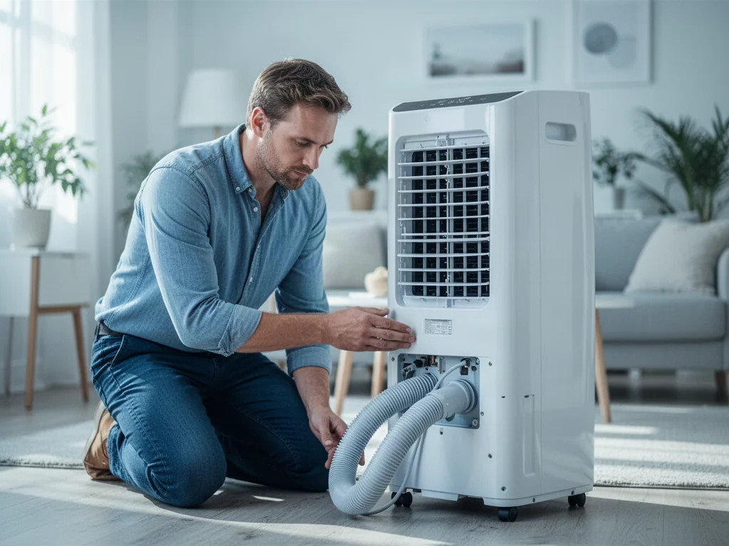Mężczyzna sprawdza przewód wentylacyjny nowoczesnego klimatyzatora przenośnego w jasnym salonie.