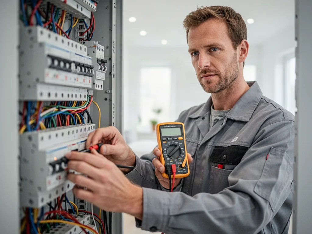 Elektryk sprawdza napięcie w nowoczesnej rozdzielnicy elektrycznej za pomocą multimetru.