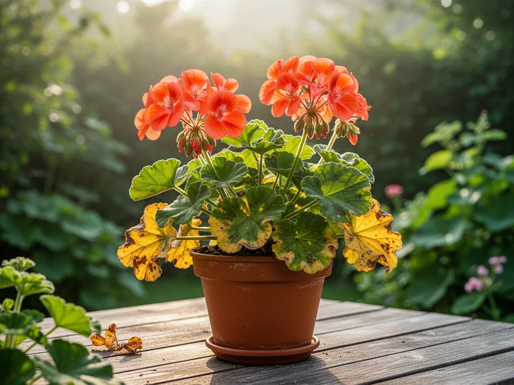 Zbliżenie na pelargonię w doniczce z widocznymi żółknącymi liśćmi, ustawioną na drewnianym stole w słonecznym ogrodzie.
